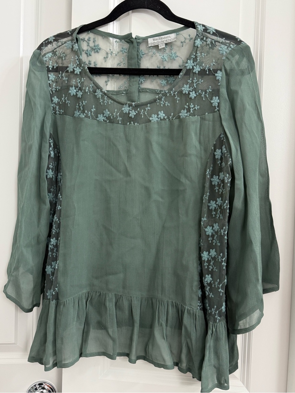 World Market Sage Green Sheer Embroidered Peplum Blouse Cottage Core Whimsy S/M